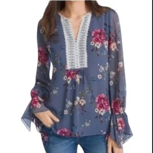 White‎ House Black Market Floral Peasant Blouse Lace Trim Size 4